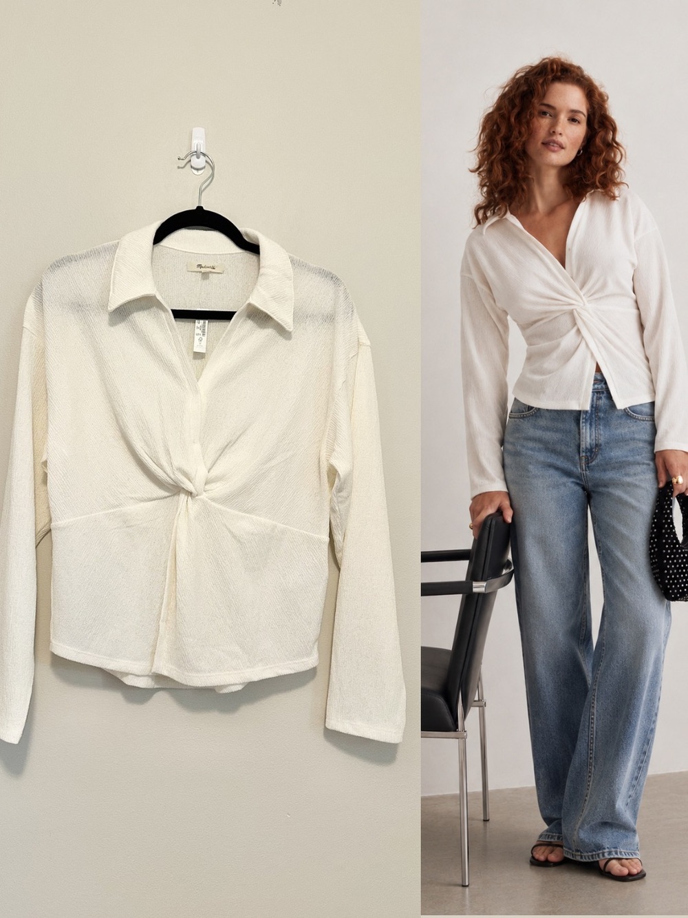 Madewell Twist Front Long Sleeve Top Ivory Large Minimalist Clean Girl Preppy